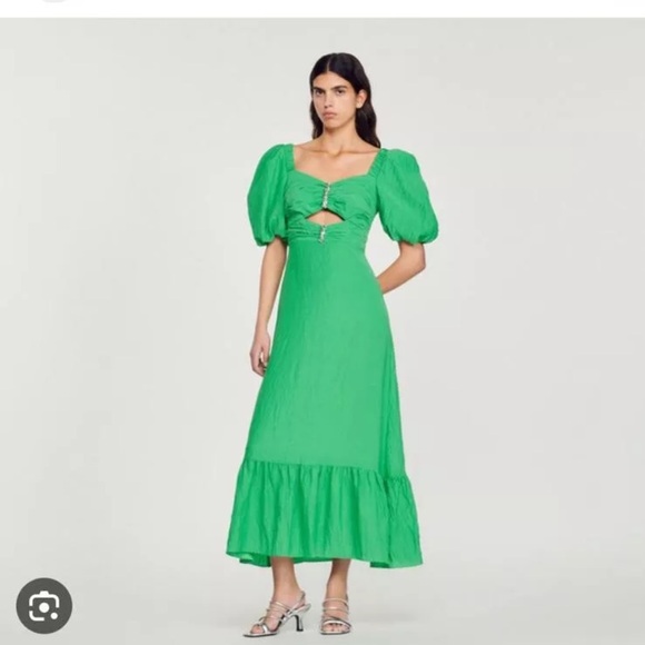 Sandro Falbala Rhinestone Embellished Cutout Midi Dress emerald green 38/ Medium - Picture 1 of 7